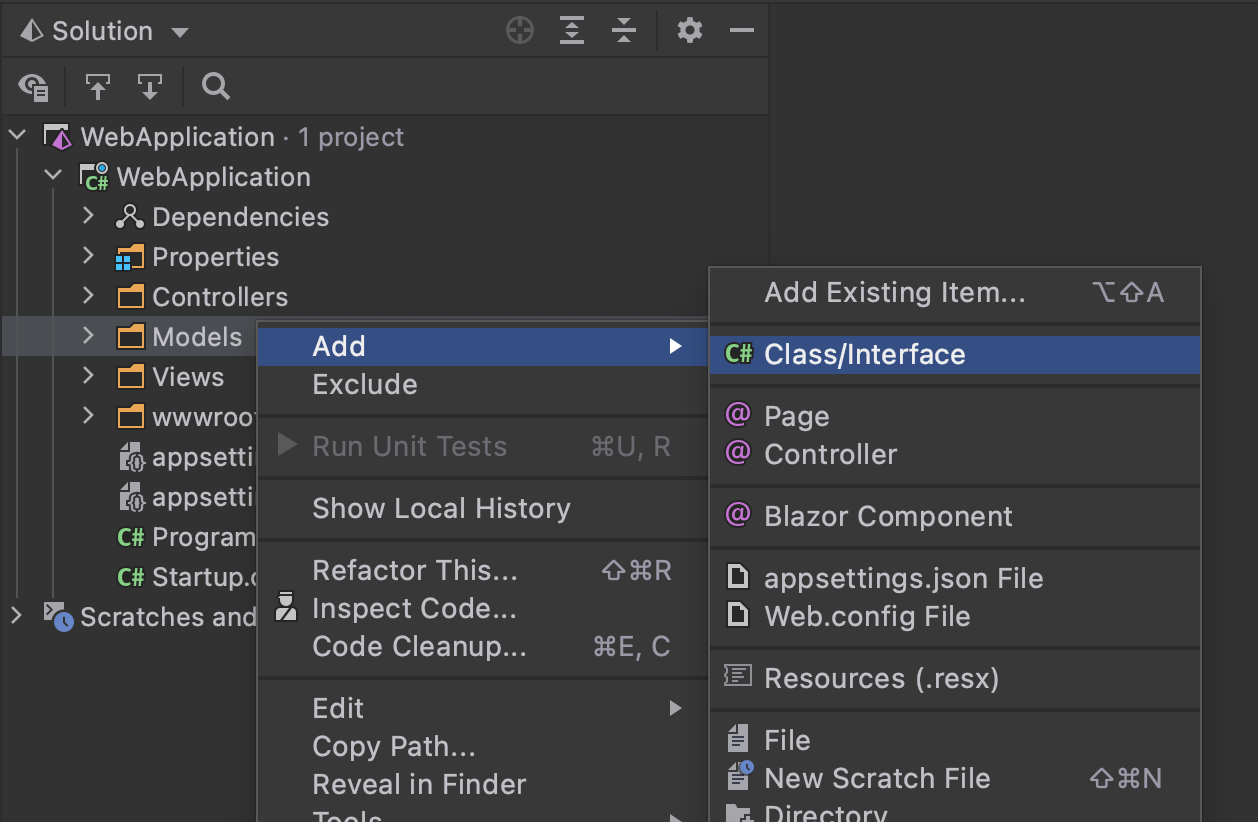 Solution Explorer view of ASP.NET Core MVC app