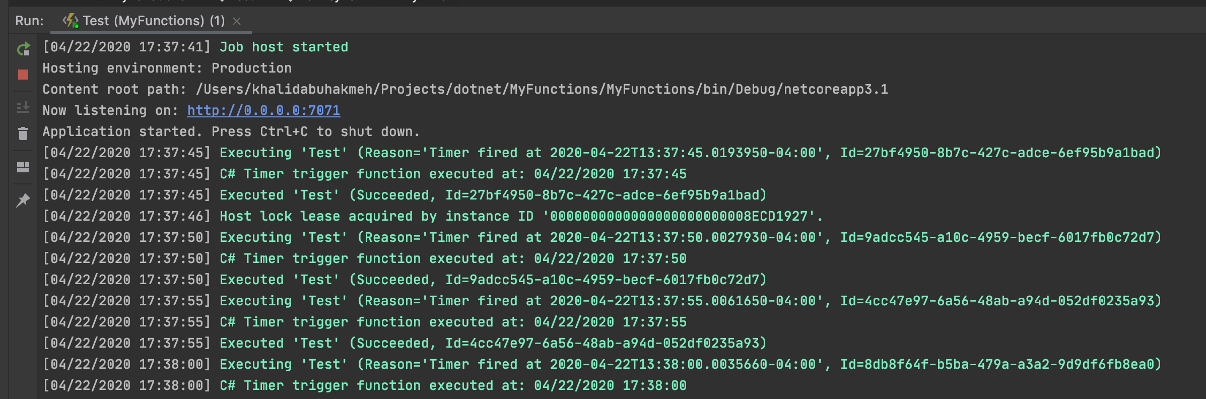 azure functions running in terminal