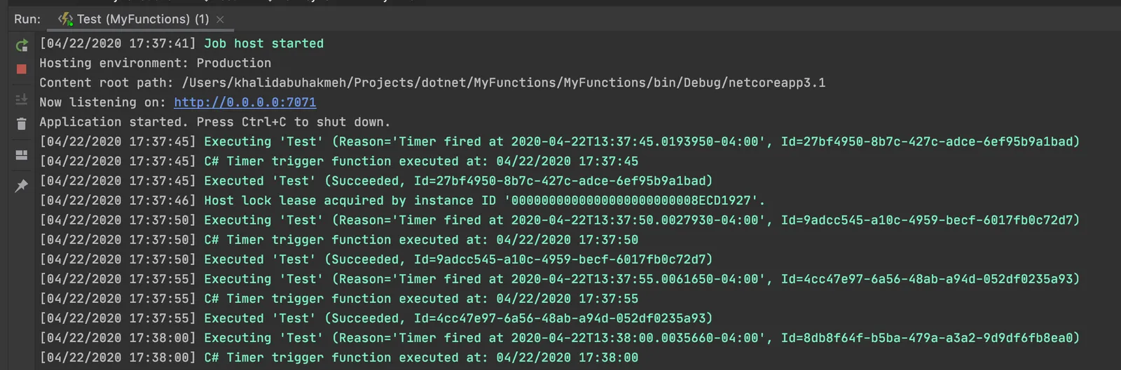 azure functions running in terminal