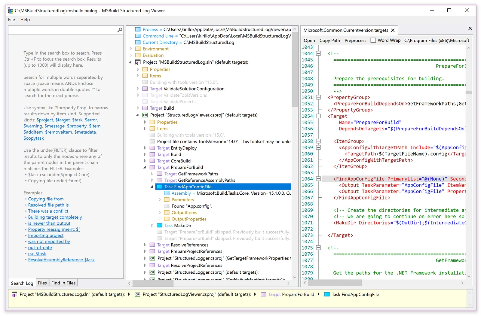 MSBuild Structured Log Viewer showing a build tree, search pane, and a project file with line numbers
