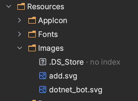 File System in JetBrains Rider showing .DS_Store file in MAUI App
