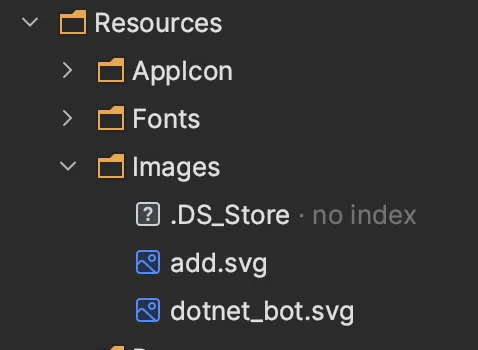 File System in JetBrains Rider showing .DS_Store file in MAUI App