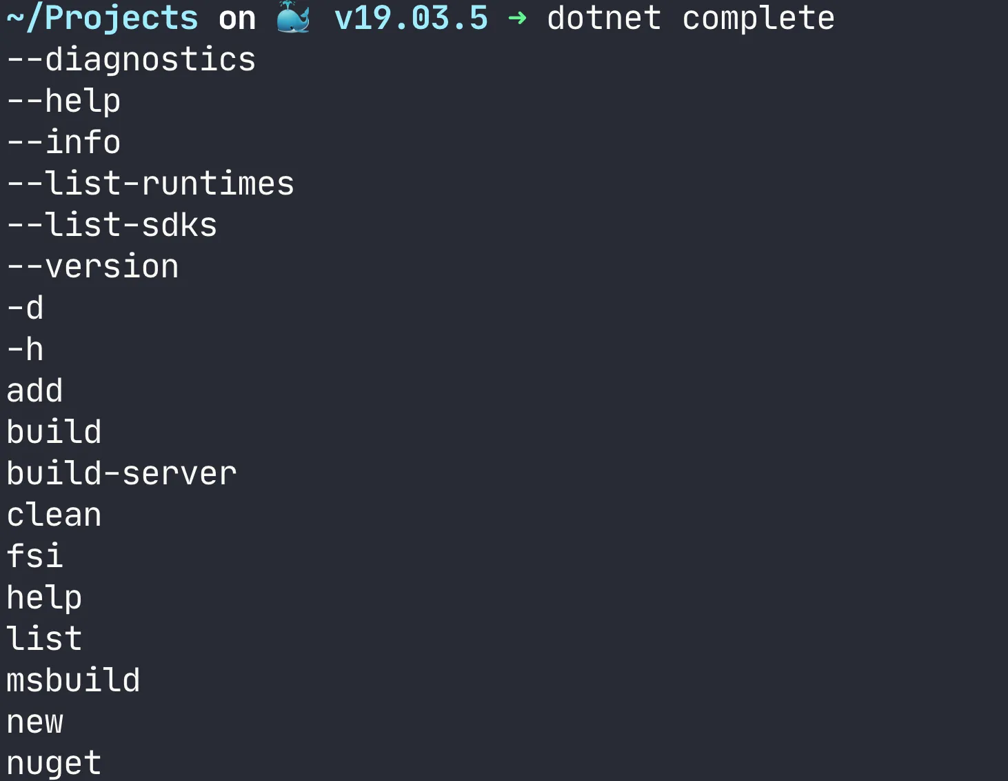 dotnet cli complete action