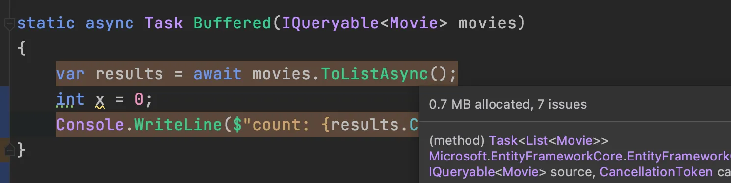 ToListAsync SQL Server Streamed