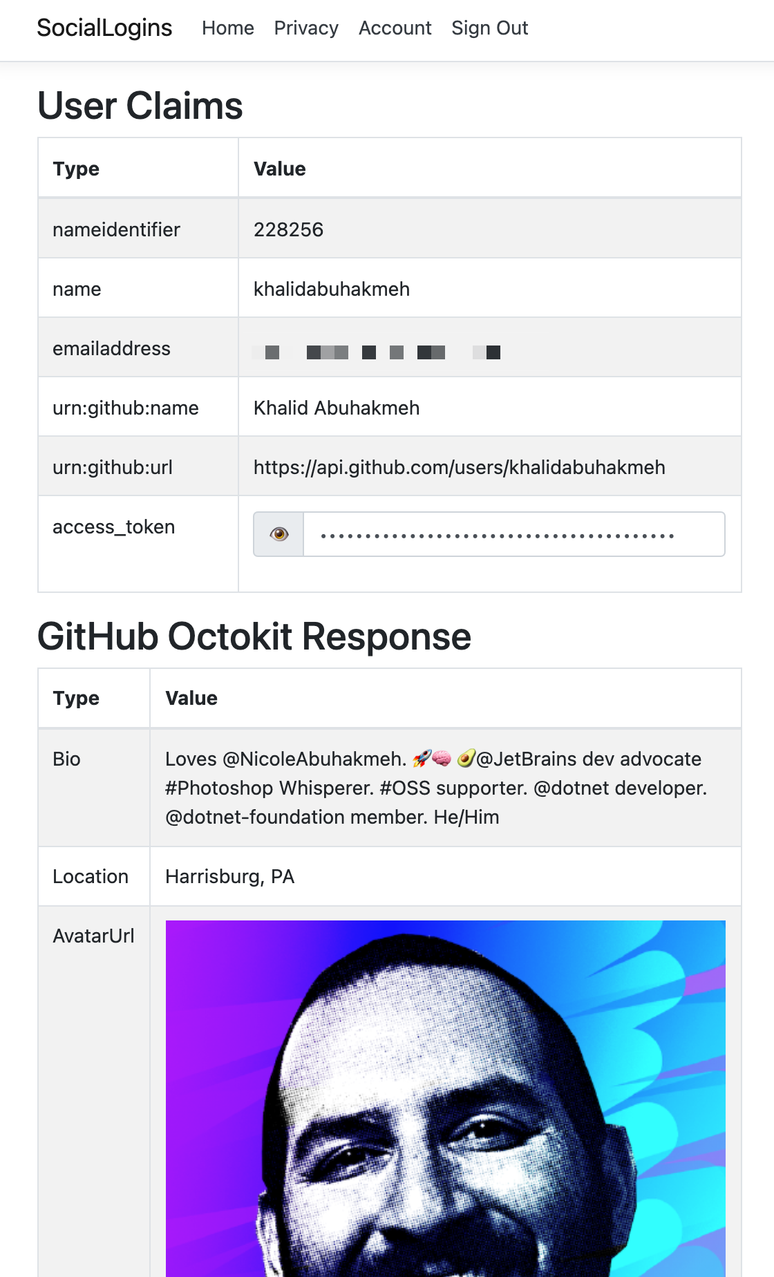 github auth with octokit call