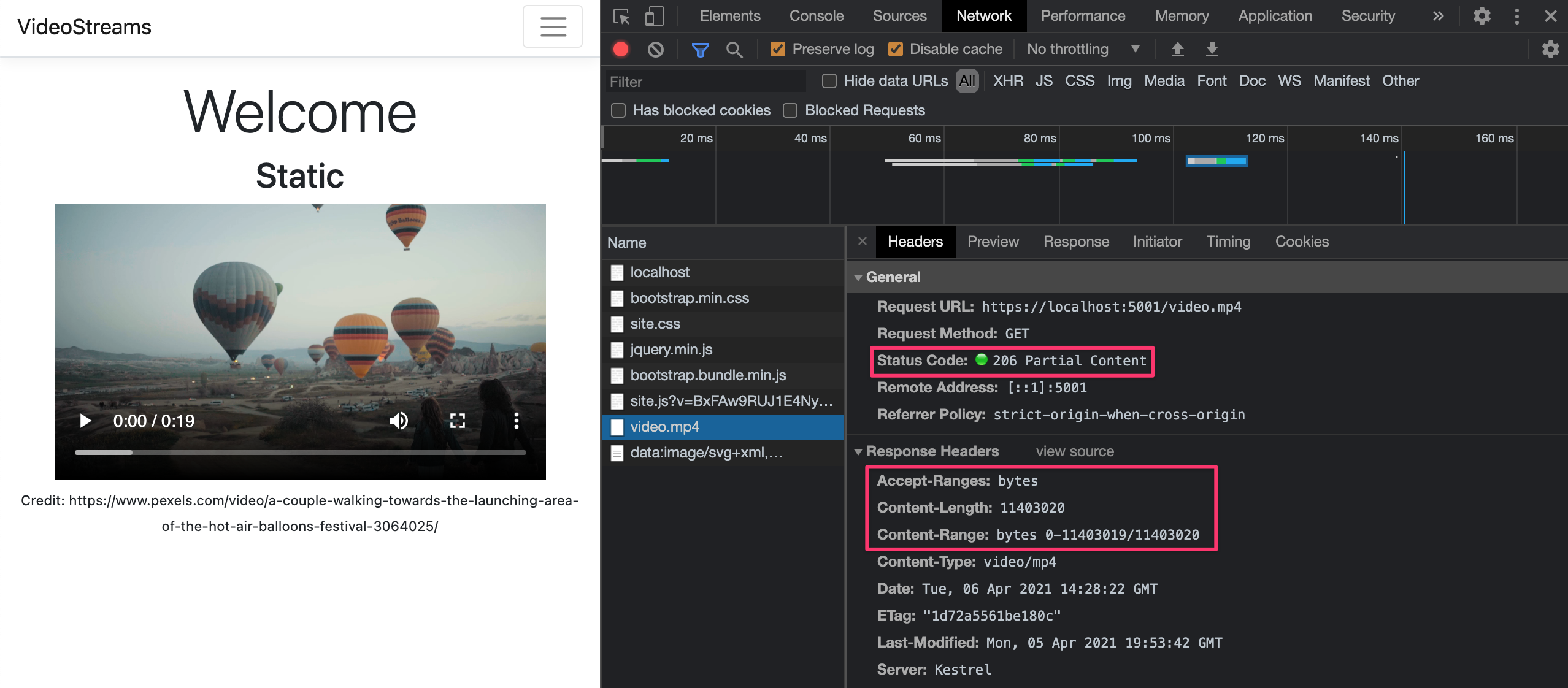 using the Static File Middleware to return partial HTTP response to client