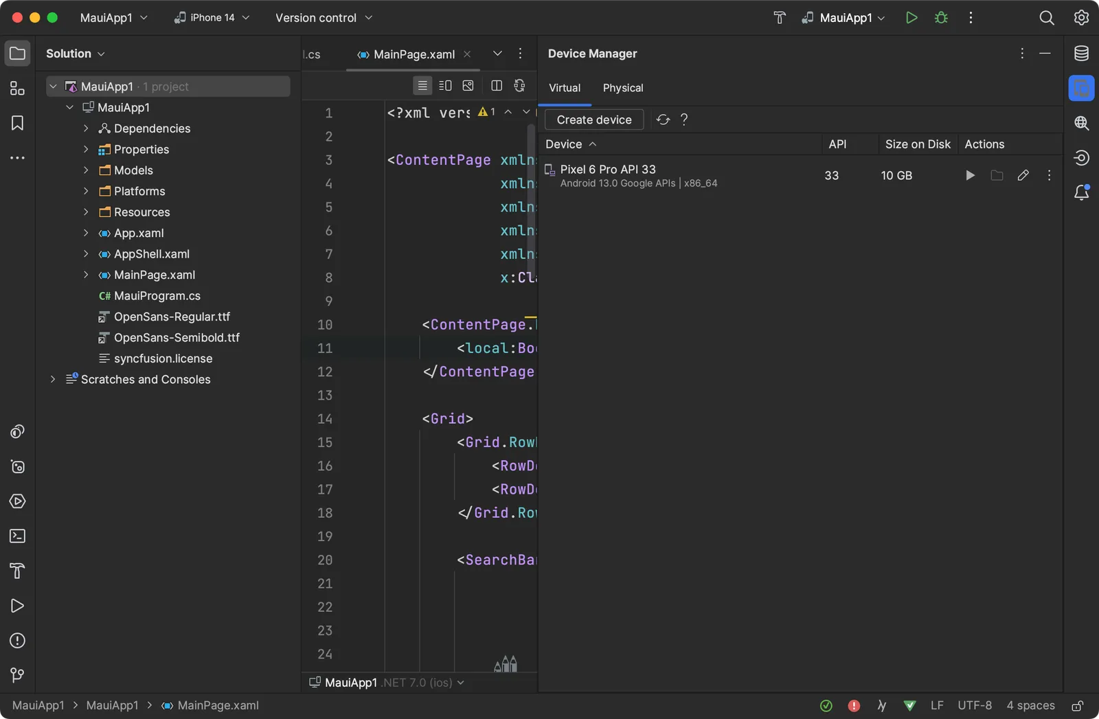 JetBrains Rider Device Manager showing Android Device