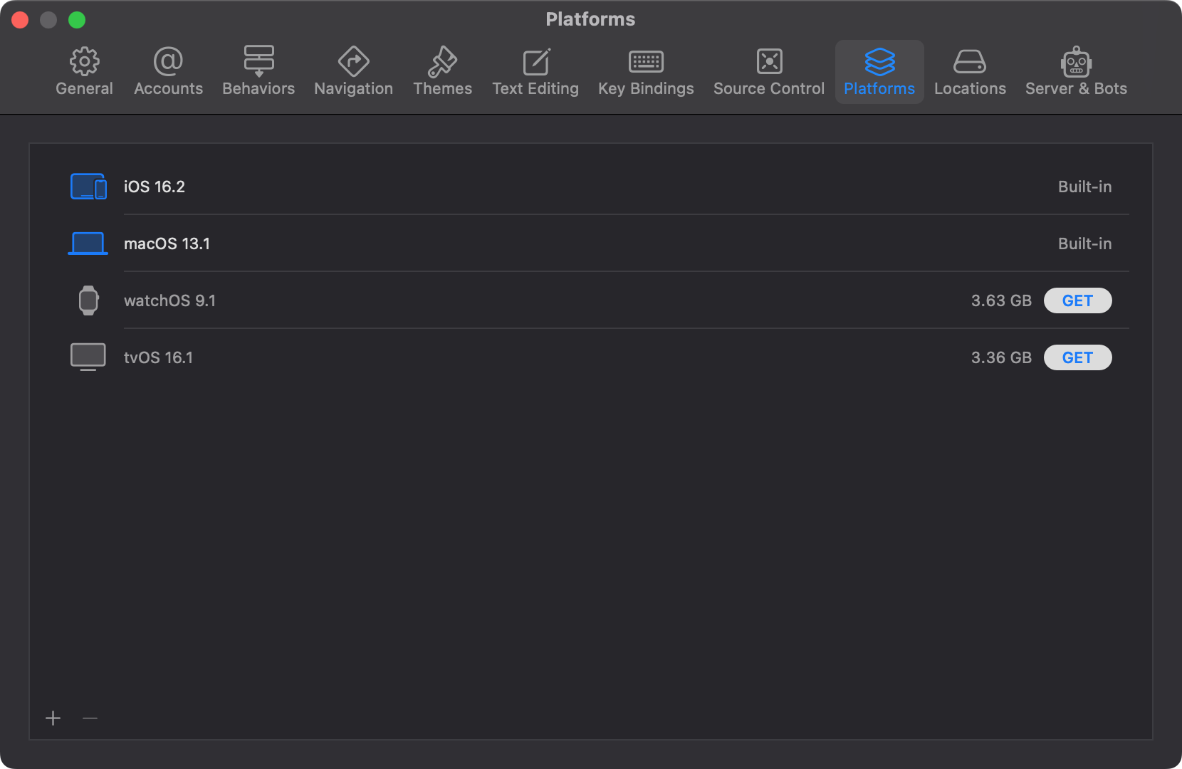 Xcode platforms tab showing installed Platforms of iOS and mac