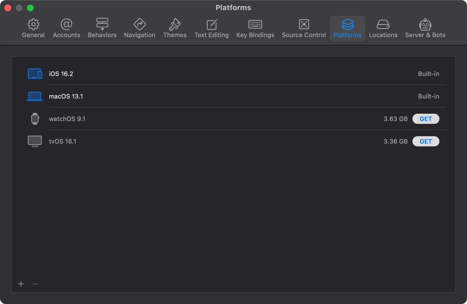 Xcode platforms tab showing installed Platforms of iOS and mac