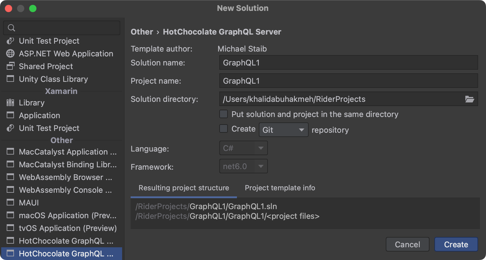 JetBrains Rider New Solution Dialog with Templates