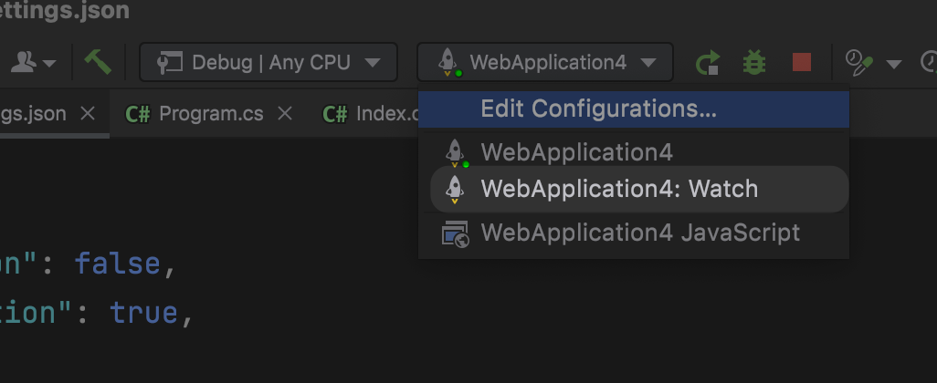 JetBrains Rider run configuration for watch launch settings profile