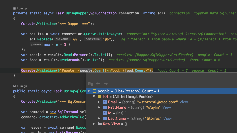 dapper results in jetbrains rider