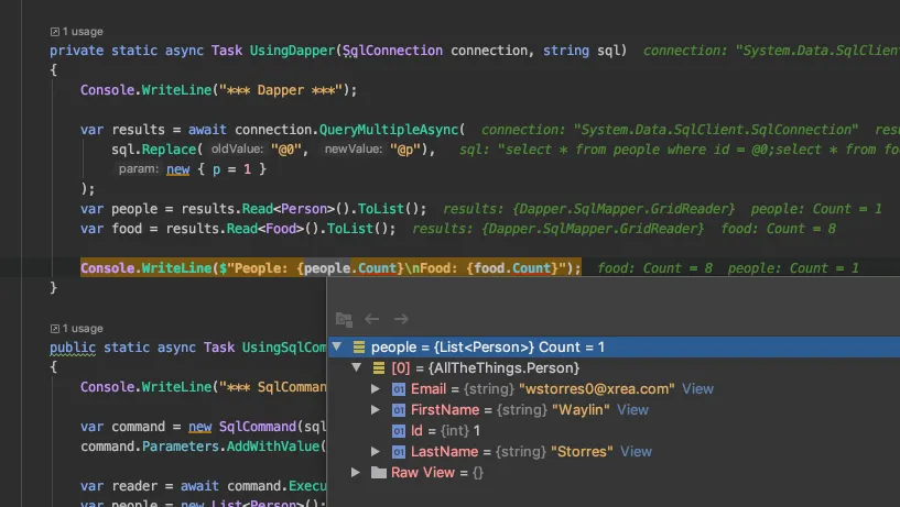 dapper results in jetbrains rider