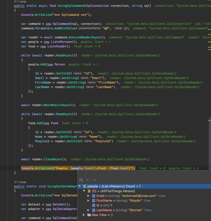 sqlcommand results in jetbrains rider