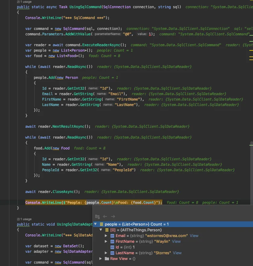 sqlcommand results in jetbrains rider