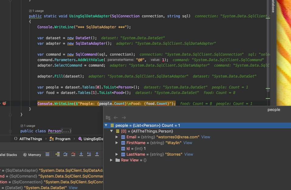 sqldataadapter results in jetbrains rider