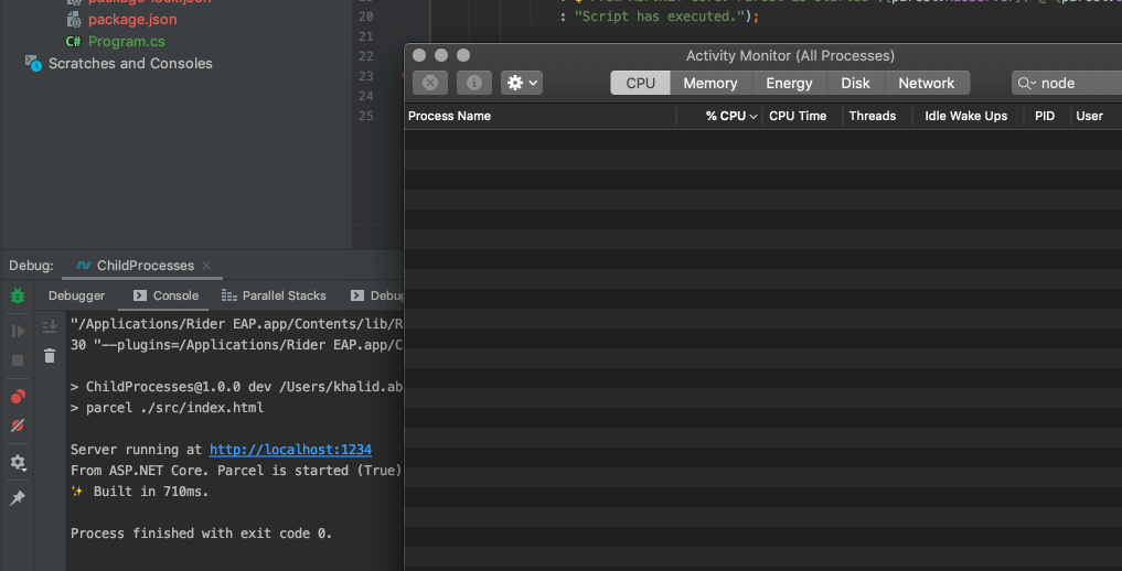 running the process with activity monitor empty
