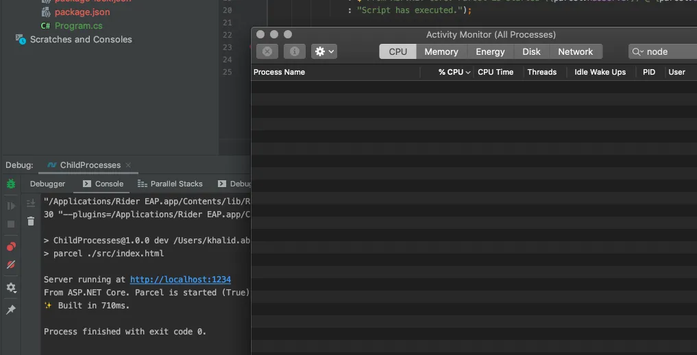 running the process with activity monitor empty