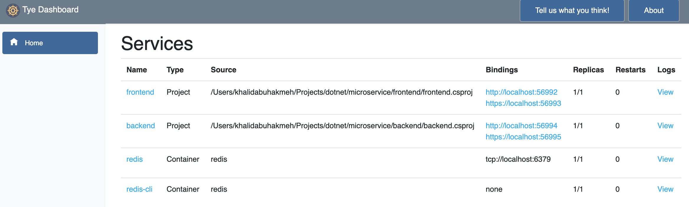 Project Tye Dashboard