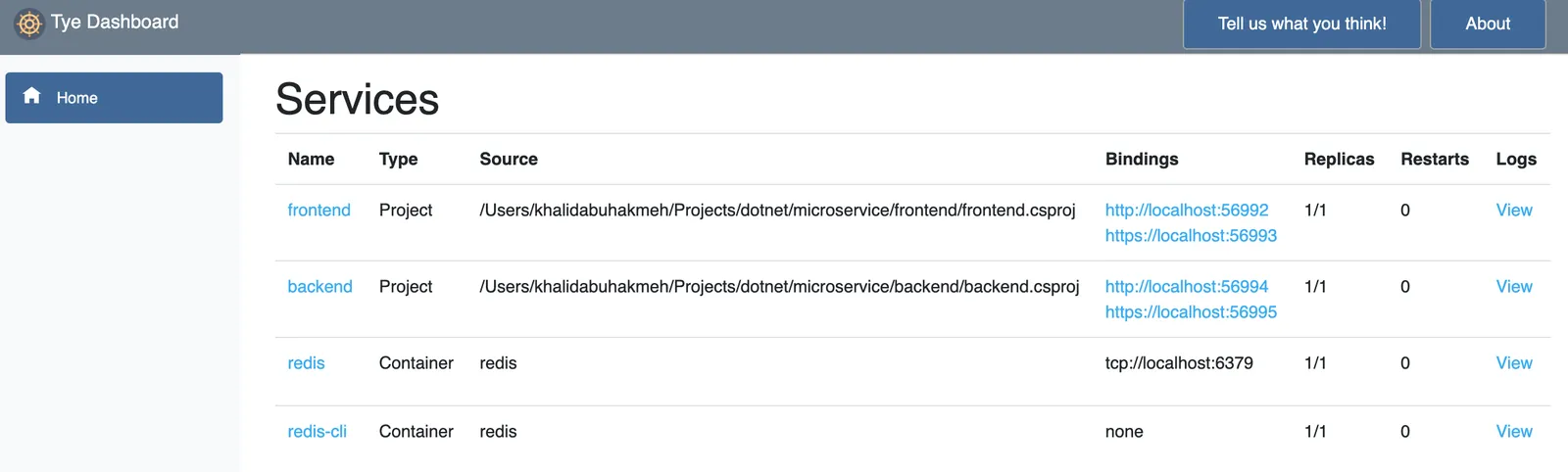 Project Tye Dashboard
