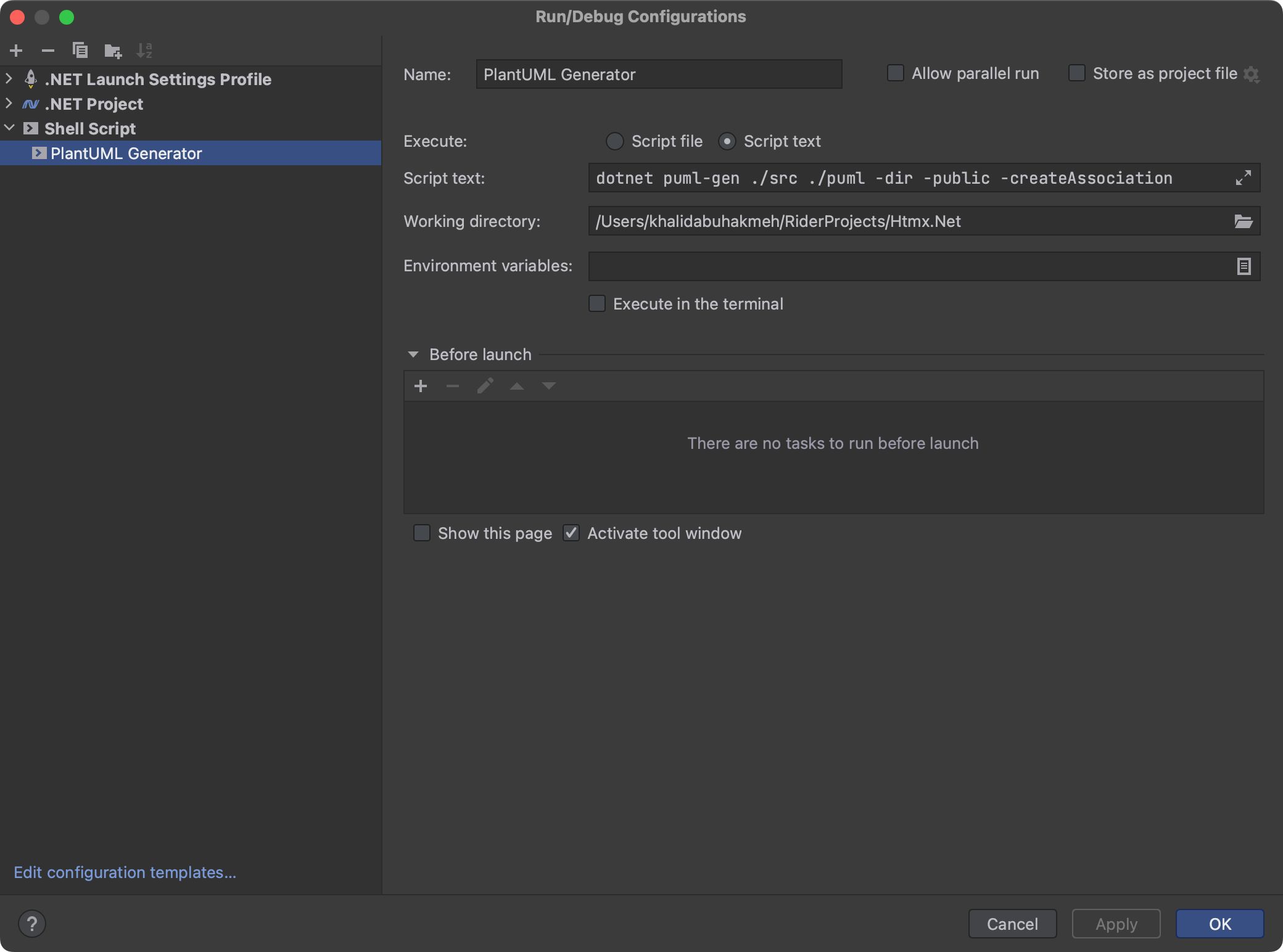 Run configuration in JetBrains Rider for PlantUML .NET CLI tool
