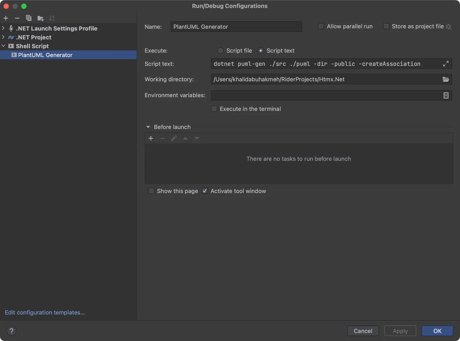 Run configuration in JetBrains Rider for PlantUML .NET CLI tool