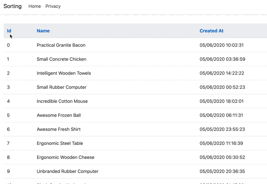sorting an HTML table
